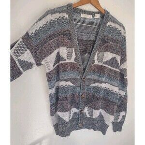 VTG 90s knit cardigan sweater button front geometric striped M Unisex